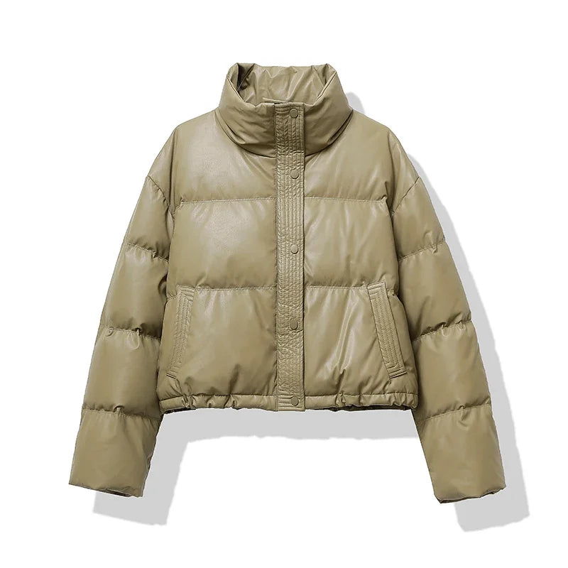 Winter Puffer Jacket  Brown Leather-Look Quilted Design - Product example