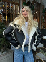 Winter Shearling Jacket  Oversized Black Leather with White Trim - Product showcase