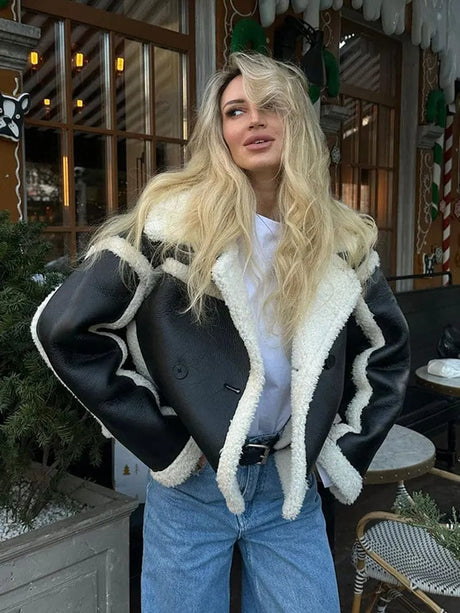 Winter Shearling Jacket  Oversized Black Leather with White Trim - Product showcase