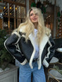 Winter Shearling Jacket  Oversized Black Leather with White Trim - Product showcase
