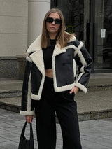 Winter Shearling Jacket  Oversized Black Leather with White Trim - Detailed view