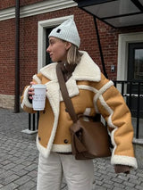 Winter Shearling Jacket  Oversized Black Leather with White Trim - Product detail 4