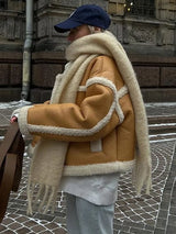 Winter Shearling Jacket  Oversized Black Leather with White Trim - Product detail 6