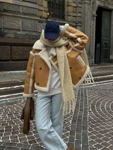 Winter Shearling Jacket  Oversized Black Leather with White Trim - Product detail 7