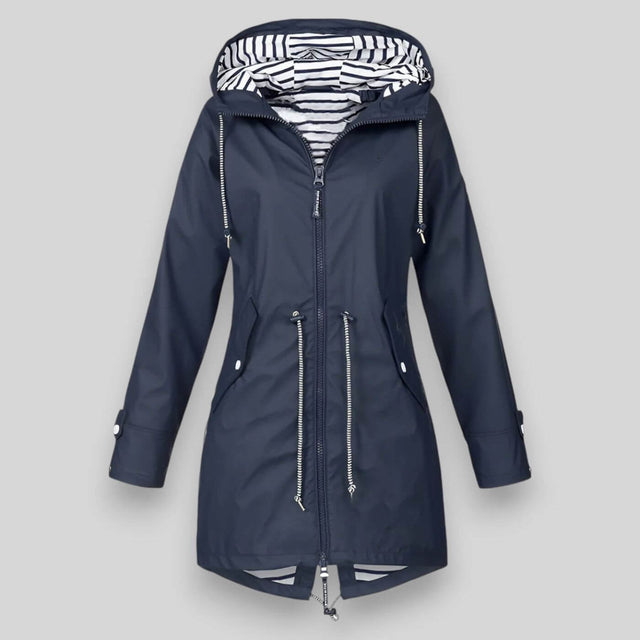 Waterproof Rain Coat  Navy Hooded Drawstring Design - Product showcase