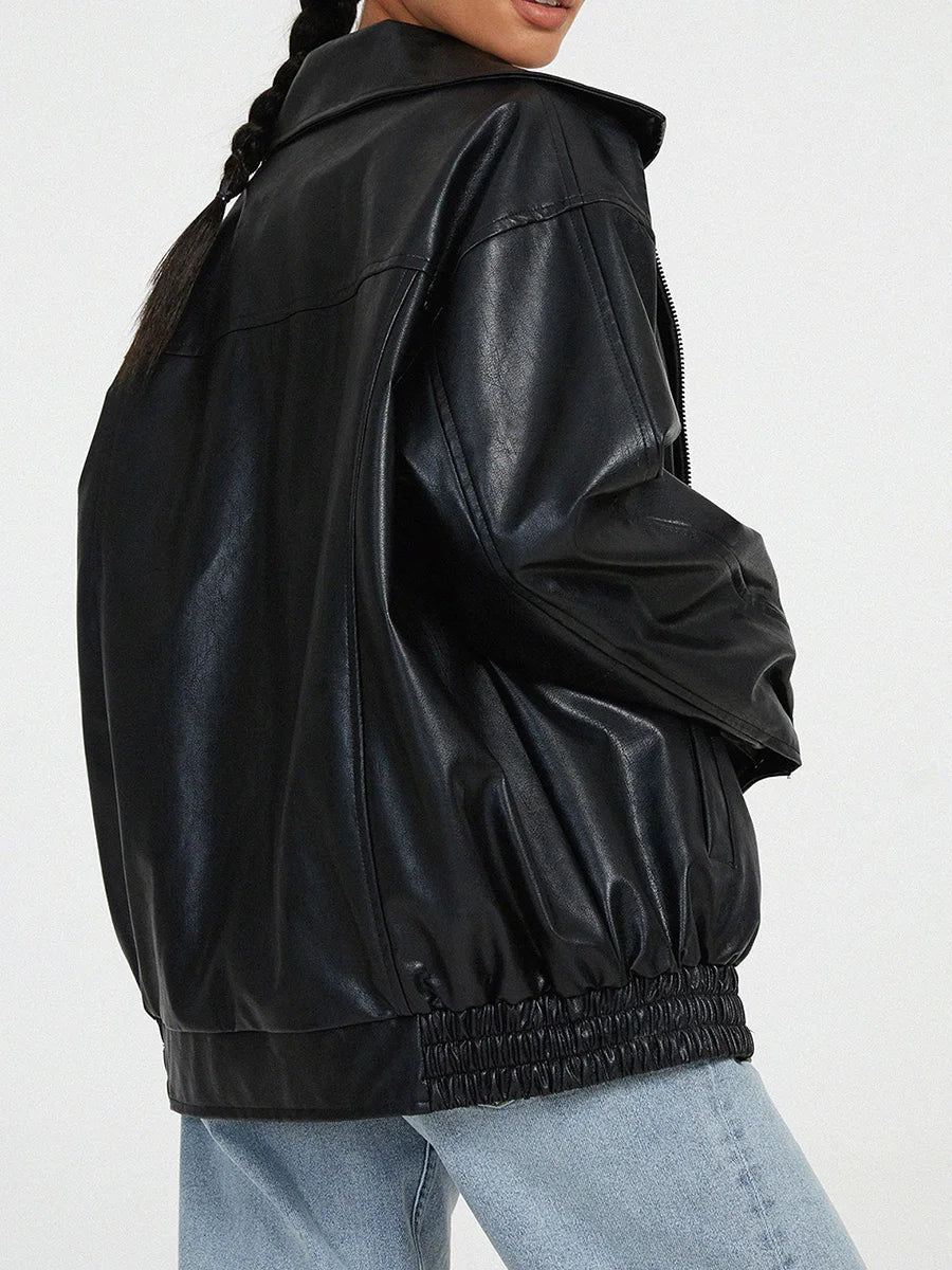 Oversized Leather Bomber Jacket  Black Elastic Trim Design - Product showcase
