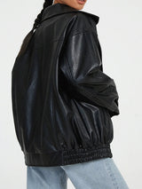 Oversized Leather Bomber Jacket  Black Elastic Trim Design - Product showcase