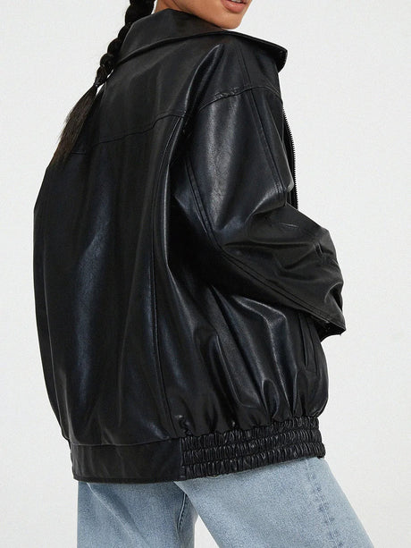 Oversized Leather Bomber Jacket  Black Elastic Trim Design - Product showcase