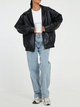 Oversized Leather Bomber Jacket  Black Elastic Trim Design - Detailed view