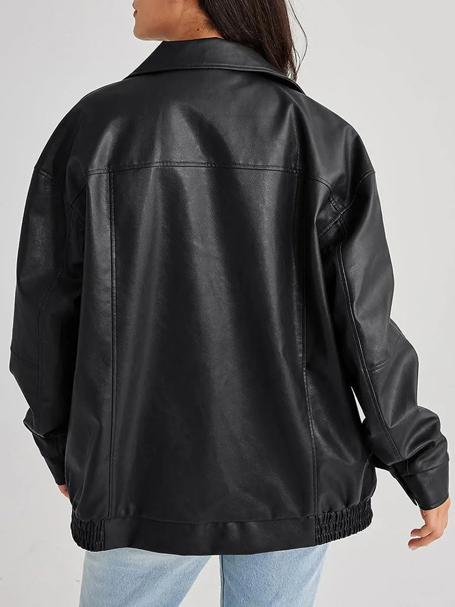 Oversized Leather Bomber Jacket  Black Elastic Trim Design - Product example