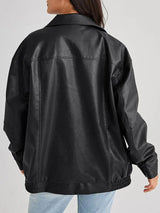 Oversized Leather Bomber Jacket  Black Elastic Trim Design - Product example
