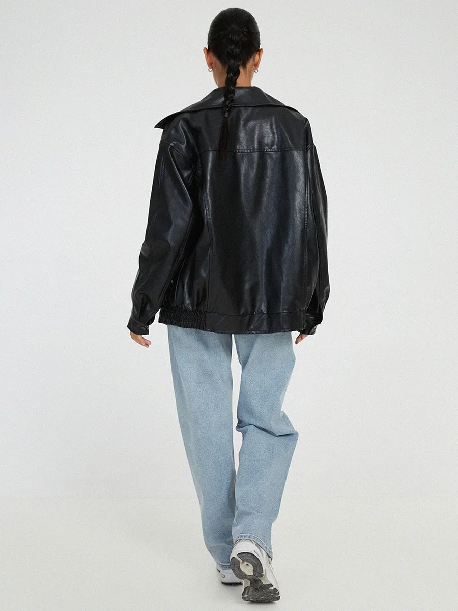 Oversized Leather Bomber Jacket  Black Elastic Trim Design - Product detail 4