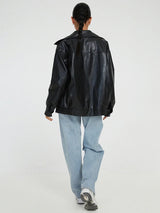 Oversized Leather Bomber Jacket  Black Elastic Trim Design - Product detail 4
