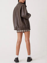 Oversized Leather Bomber Jacket  Black Elastic Trim Design - Product detail 6