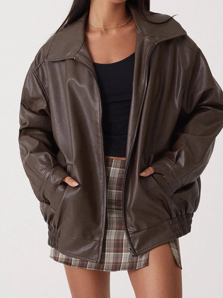 Oversized Leather Bomber Jacket  Black Elastic Trim Design - Product detail 7