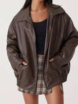 Oversized Leather Bomber Jacket  Black Elastic Trim Design - Product detail 7
