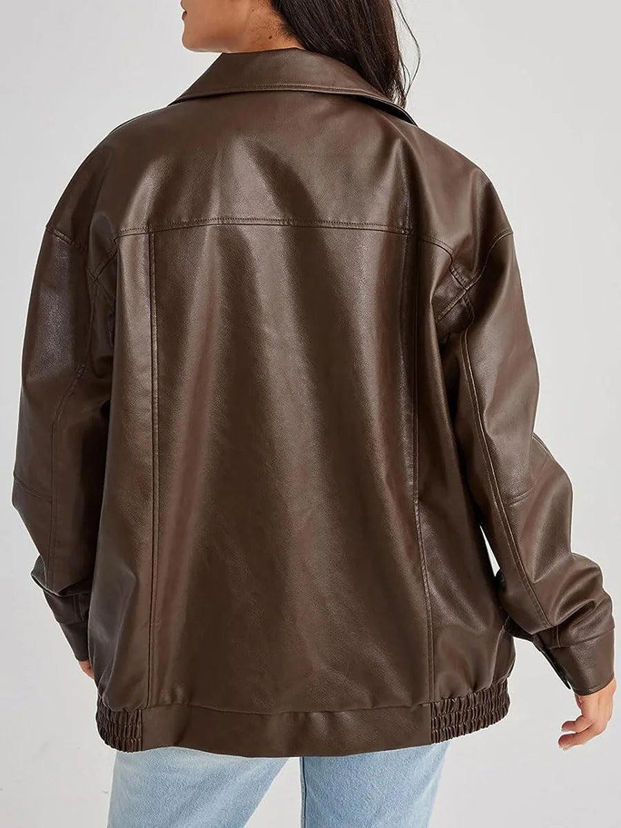 Oversized Leather Bomber Jacket  Black Elastic Trim Design - Product detail 8