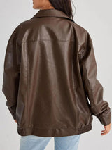 Oversized Leather Bomber Jacket  Black Elastic Trim Design - Product detail 8
