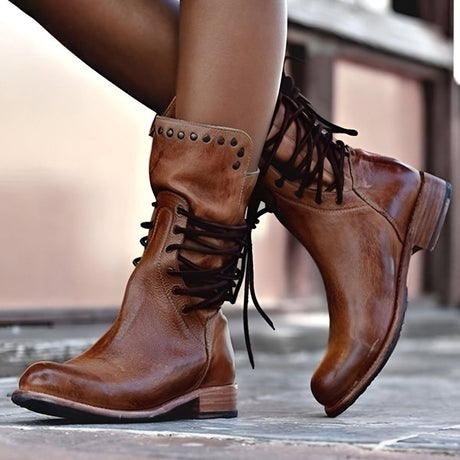 Vintage Leather Boots  Mid-Calf Lace-Up Design With Stud Details - Product showcase