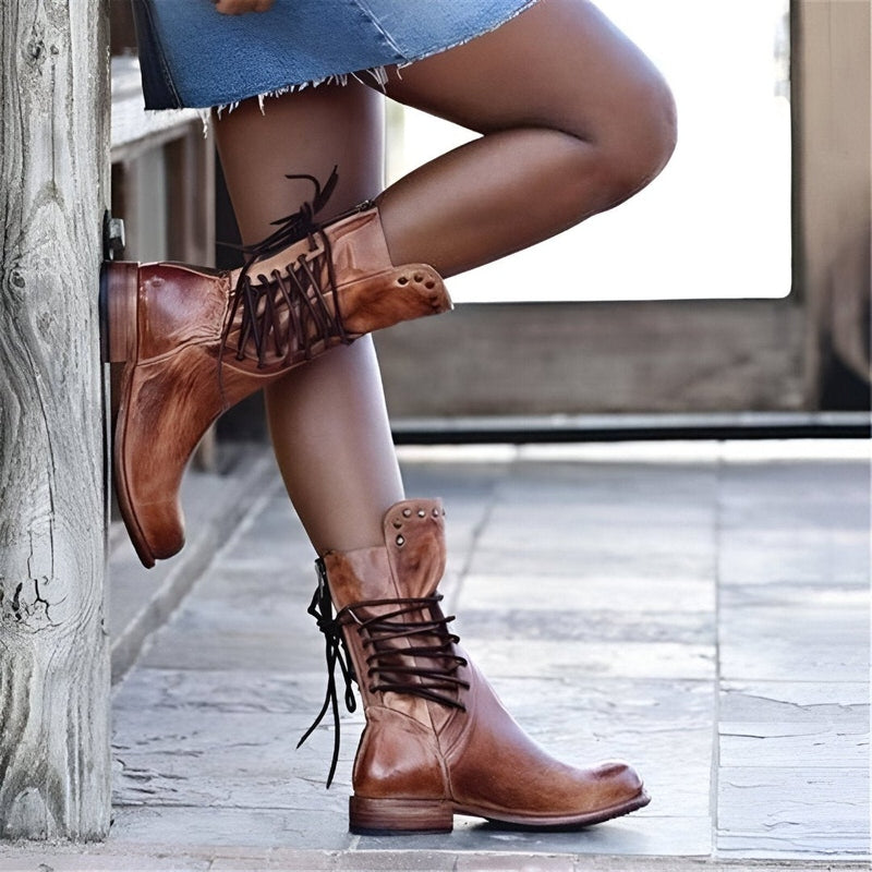 Vintage Leather Boots  Mid-Calf Lace-Up Design With Stud Details - Detailed view