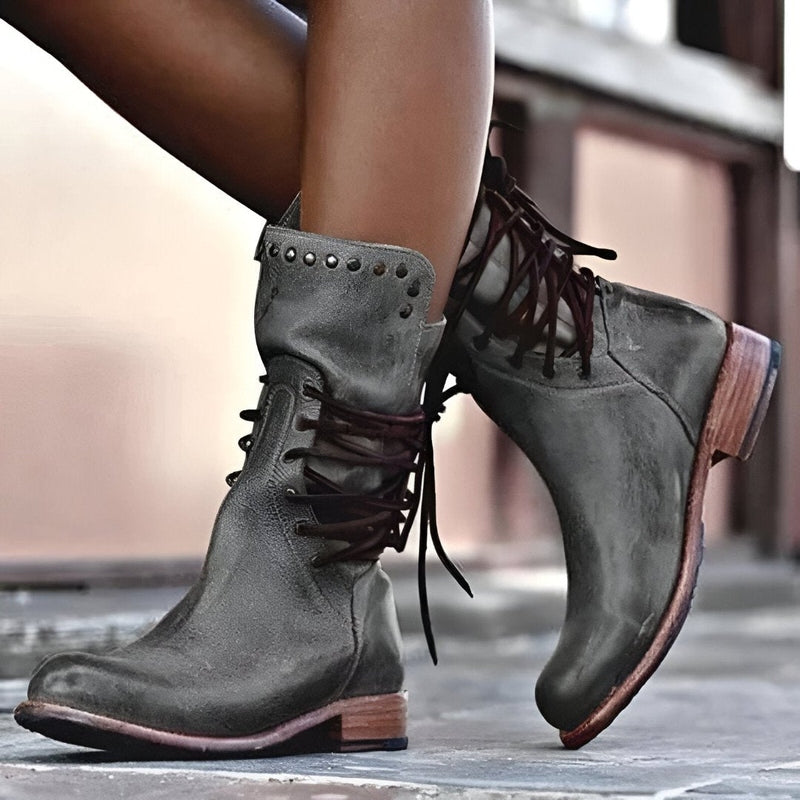 Vintage Leather Boots  Mid-Calf Lace-Up Design With Stud Details - Product detail 5