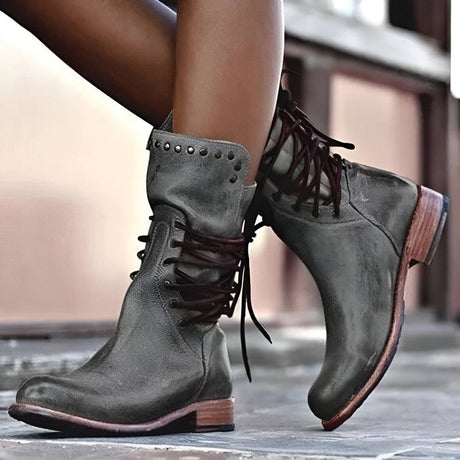 Vintage Leather Boots  Mid-Calf Lace-Up Design With Stud Details - Product detail 5