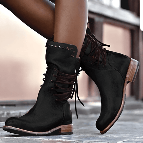Vintage Leather Boots  Mid-Calf Lace-Up Design With Stud Details - Product detail 6