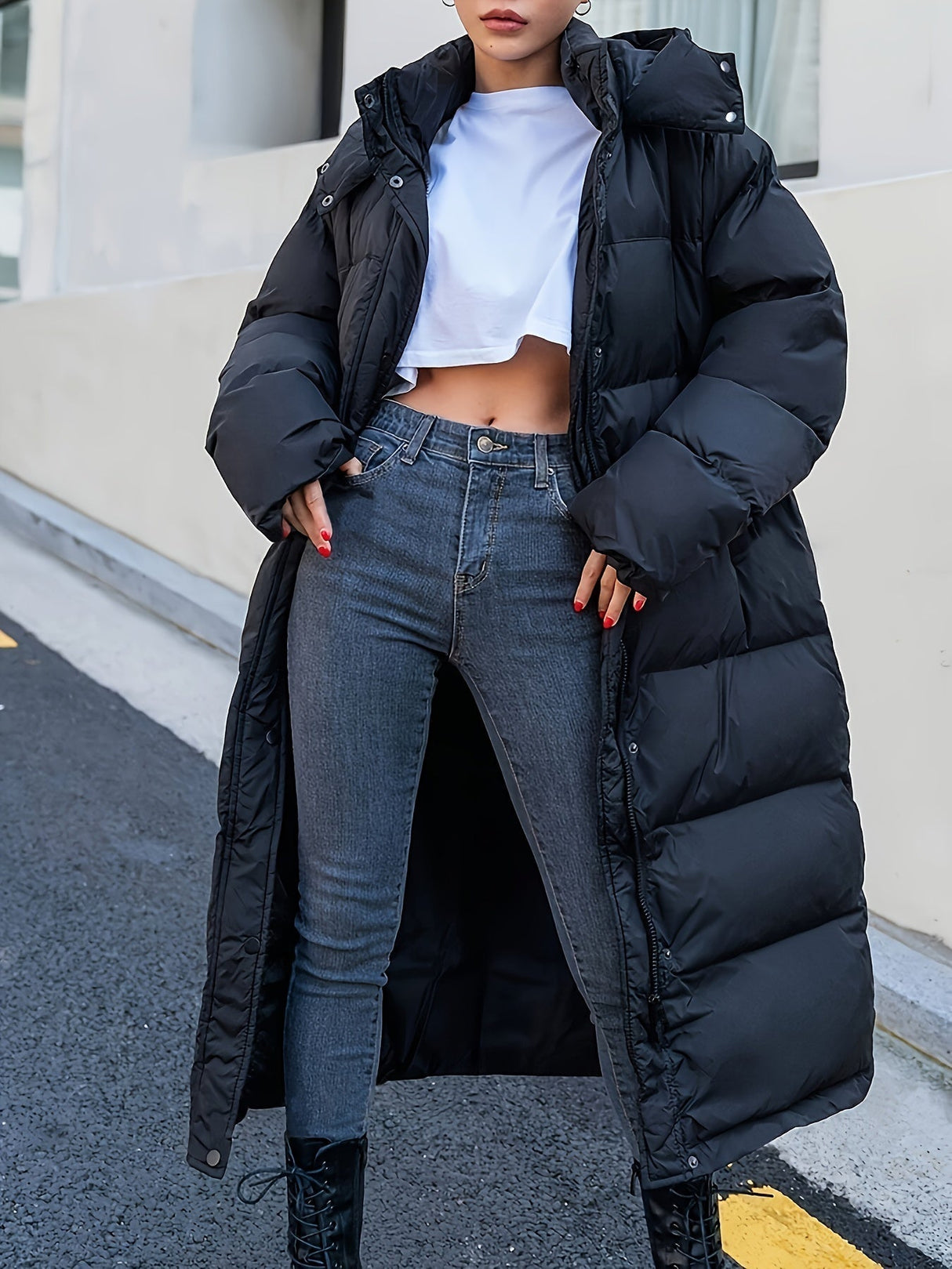 Long Winter Puffer Coat  Full Length Black Insulated Design - Detailed view