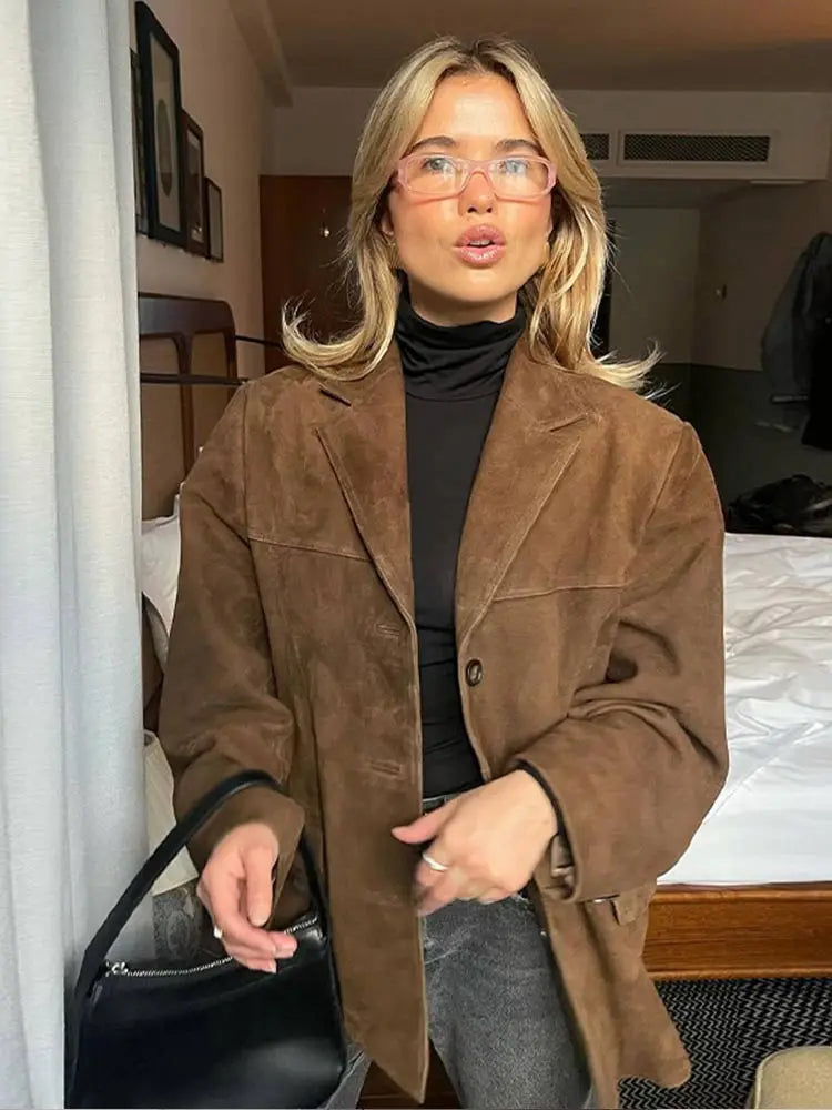 Suede Winter Coat  Oversized Brown Button-Up Design - Product showcase