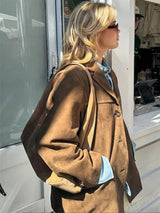 Suede Winter Coat  Oversized Brown Button-Up Design - Product detail 4