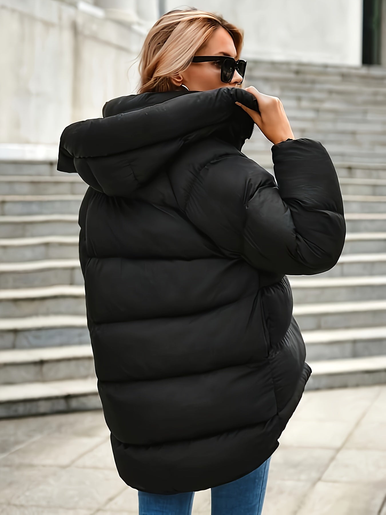 Womens Short Puffer Jacket  Black Quilted Winter Coat - Product example