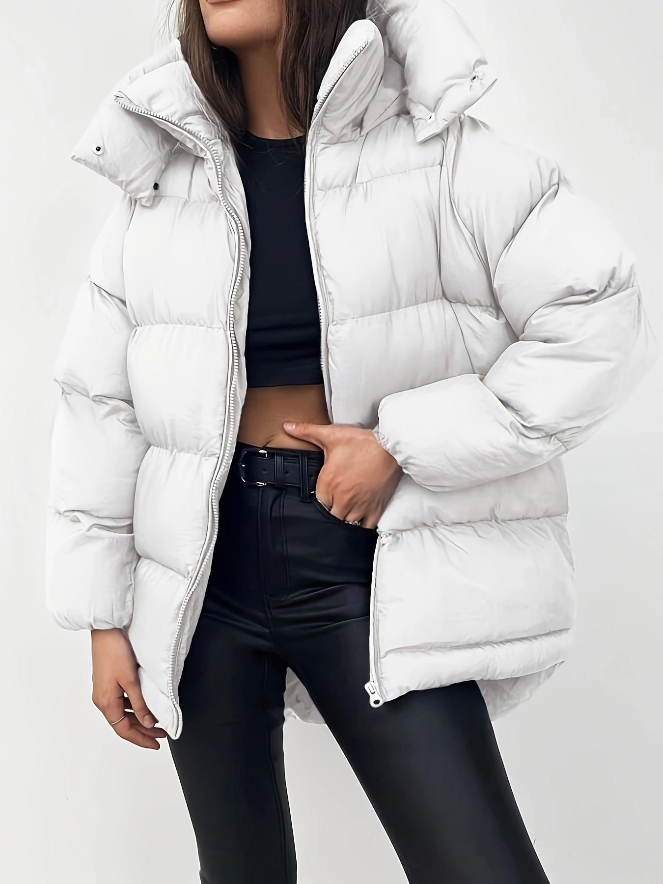 Womens Short Puffer Jacket  Black Quilted Winter Coat - Product detail 6