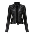 Womens Moto Leather Jacket  Slim Fit High Collar Design - Product showcase