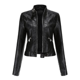 Womens Moto Leather Jacket  Slim Fit High Collar Design - Product showcase