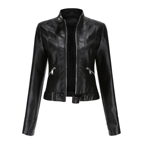 Womens Moto Leather Jacket  Slim Fit High Collar Design - Product showcase
