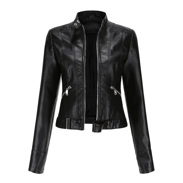 Womens Moto Leather Jacket  Slim Fit High Collar Design - Product showcase
