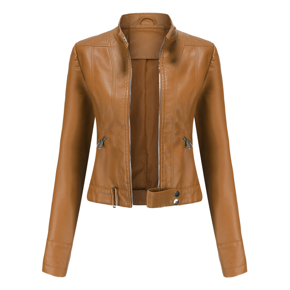 Womens Moto Leather Jacket  Slim Fit High Collar Design - Detailed view