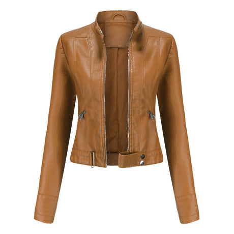 Womens Moto Leather Jacket  Slim Fit High Collar Design - Detailed view