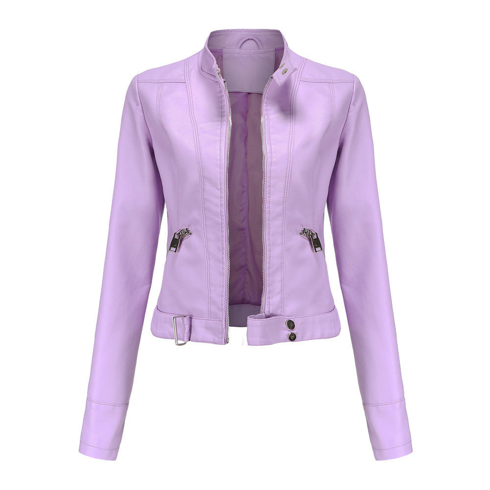 Womens Moto Leather Jacket  Slim Fit High Collar Design - Product detail 4