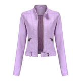 Womens Moto Leather Jacket  Slim Fit High Collar Design - Product detail 4
