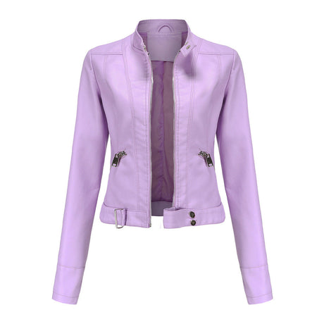 Womens Moto Leather Jacket  Slim Fit High Collar Design - Product detail 4