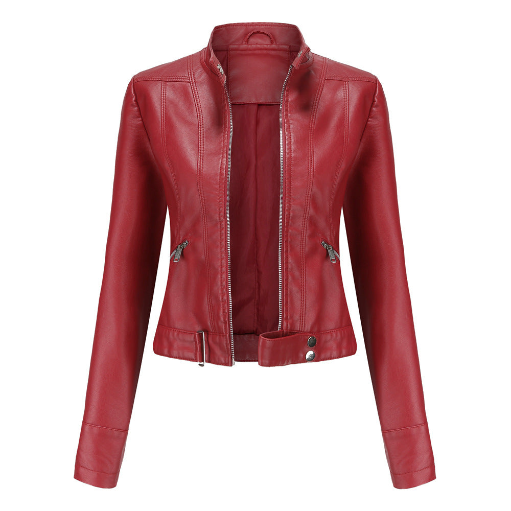 Womens Moto Leather Jacket  Slim Fit High Collar Design - Product detail 5