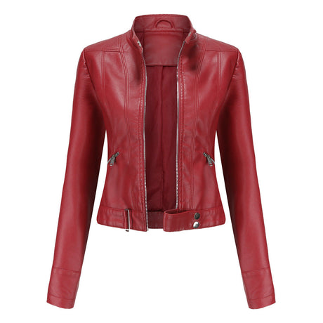 Womens Moto Leather Jacket  Slim Fit High Collar Design - Product detail 5