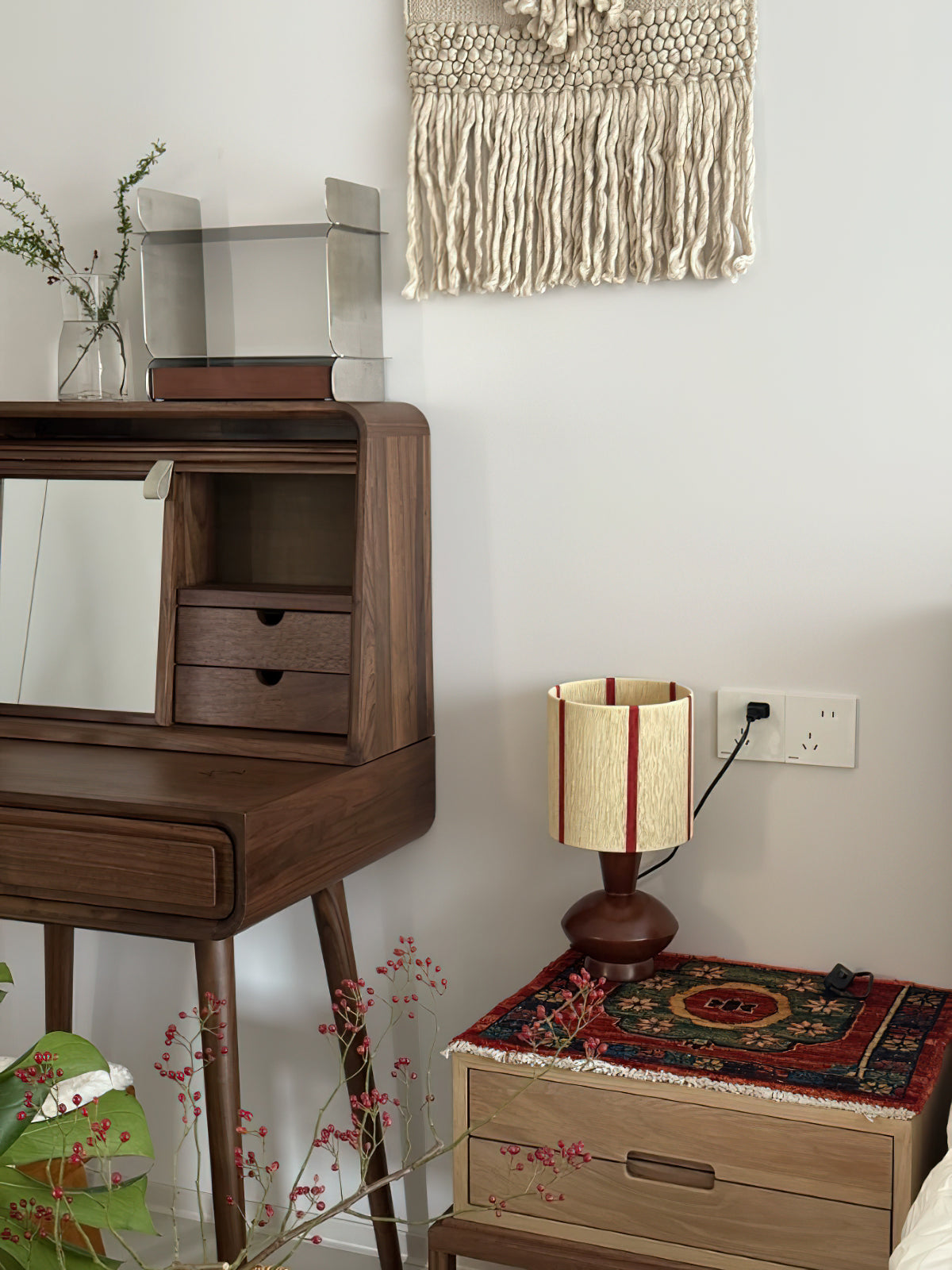 Modern Table Lamp  Walnut Base with Striped Shade - Product detail 7