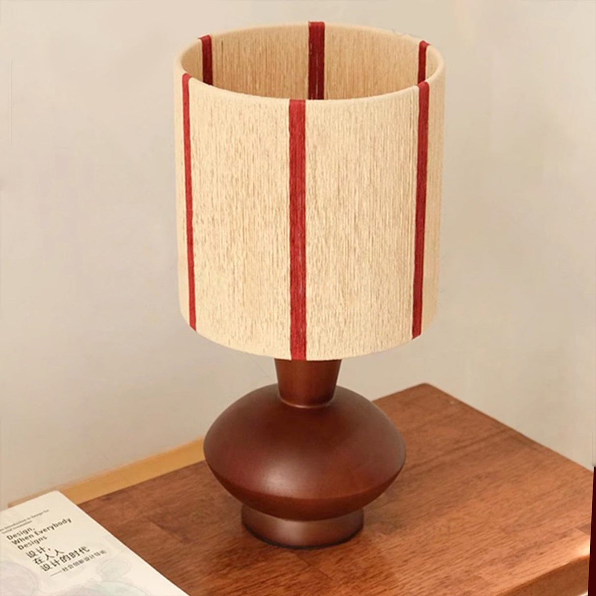 Modern Table Lamp  Walnut Base with Striped Shade - Detailed view