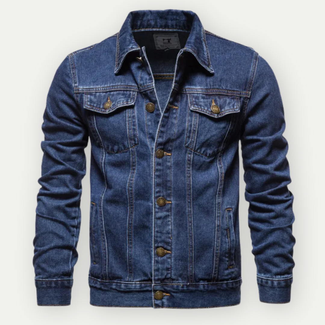 Classic Denim Trucker Jacket  Raw Black Contrast Stitching - Product example