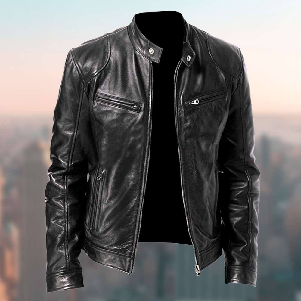Classic Leather Motorcycle Jacket  Premium Genuine Leather Modern Fit - Detailed view