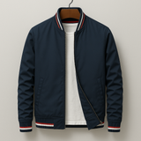 Classic Bomber Jacket  Navy Cotton Blend With Striped Ribbing - Product showcase