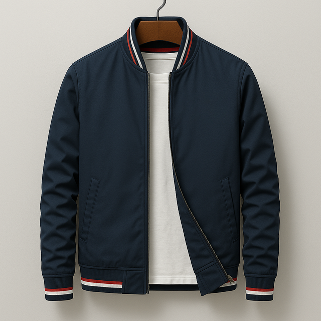 Classic Bomber Jacket  Navy Cotton Blend With Striped Ribbing - Product showcase