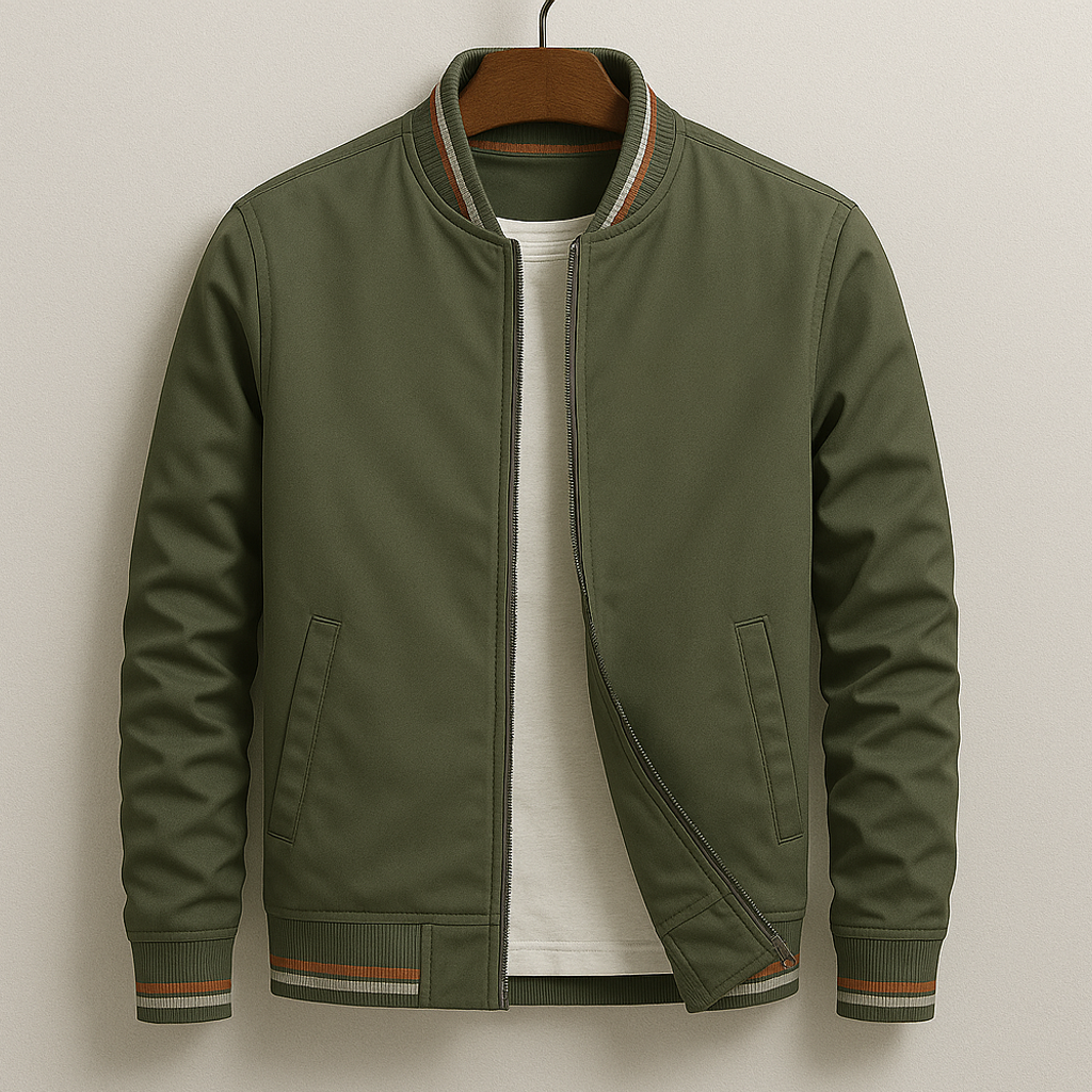 Classic Bomber Jacket  Navy Cotton Blend With Striped Ribbing - Detailed view